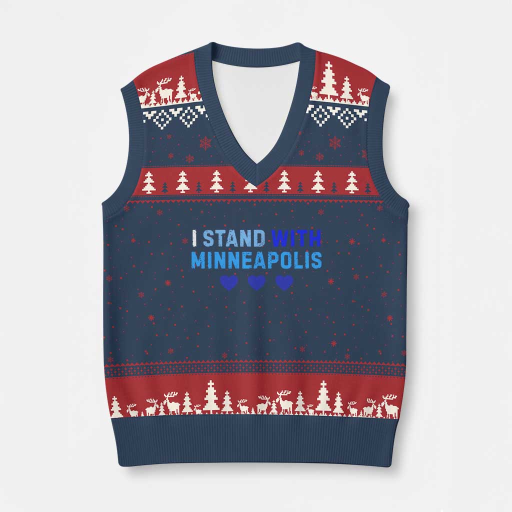 I Stand With Minneapolis V-Neck Knit Sweater Vest Blue Heart Solidarity Support Minnesota Strong TS02 Navy Red Print Your Wear
