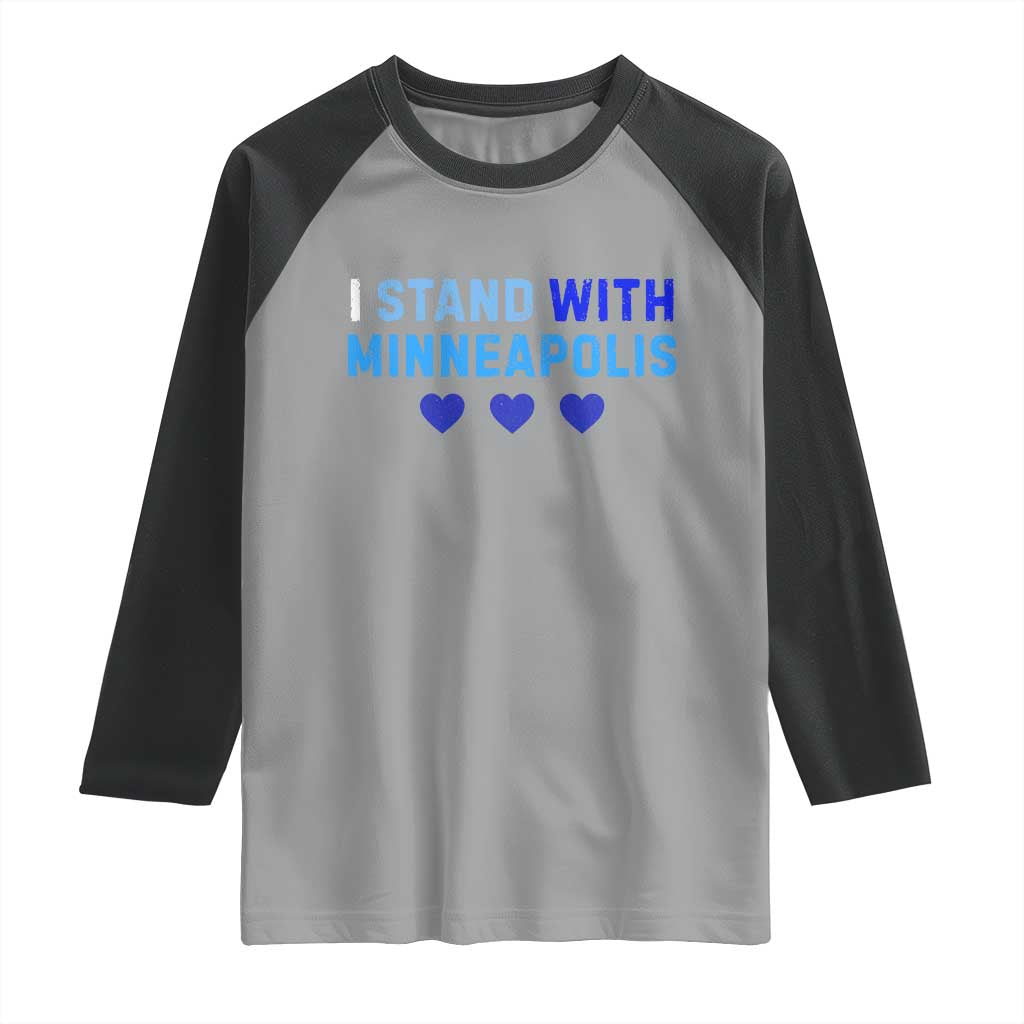 I Stand With Minneapolis Raglan Shirt Blue Heart Solidarity Support Minnesota Strong TS02 Sport Gray Black Print Your Wear