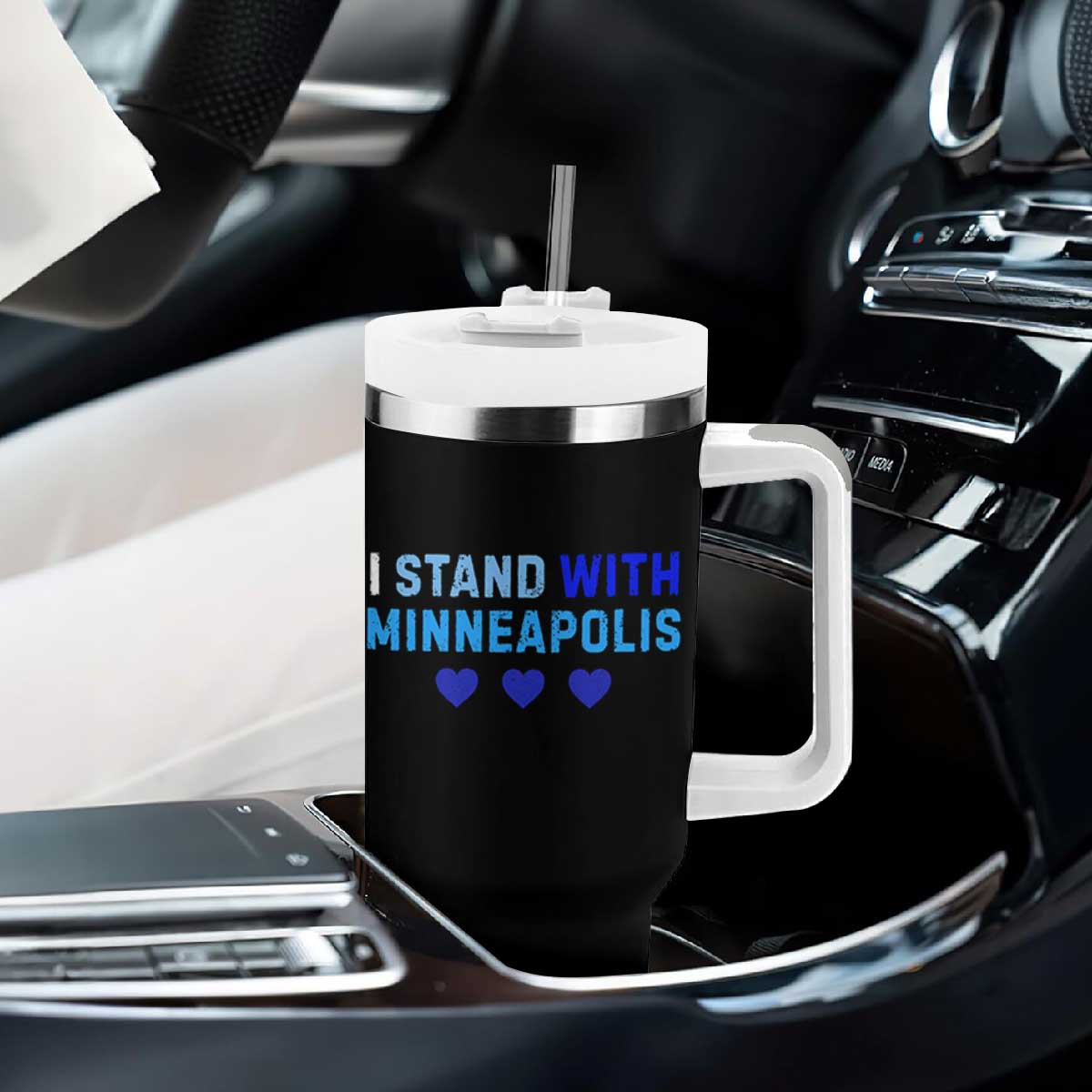 I Stand With Minneapolis Tumbler With Handle Blue Heart Solidarity Support Minnesota Strong TS02 Print Your Wear