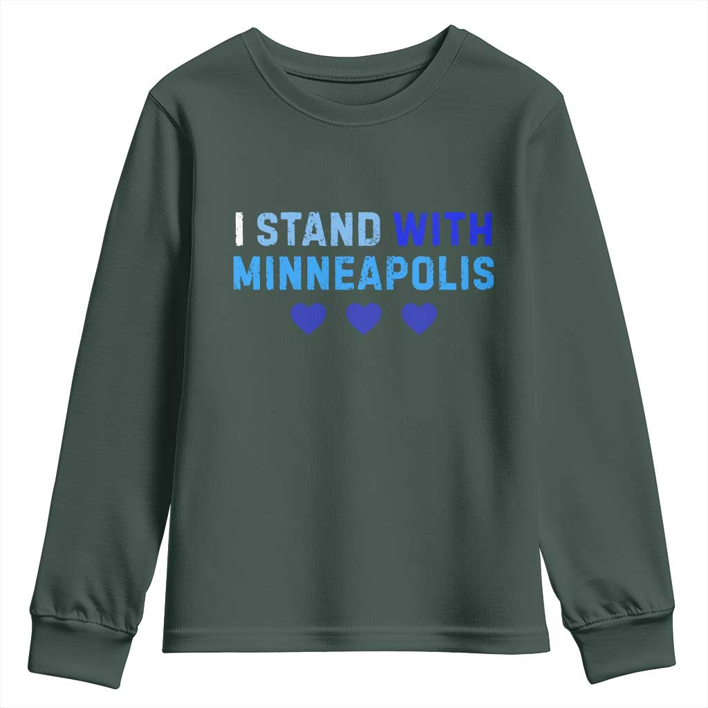 I Stand With Minneapolis Youth Sweatshirt Blue Heart Solidarity Support Minnesota Strong TS02 Dark Forest Green Print Your Wear