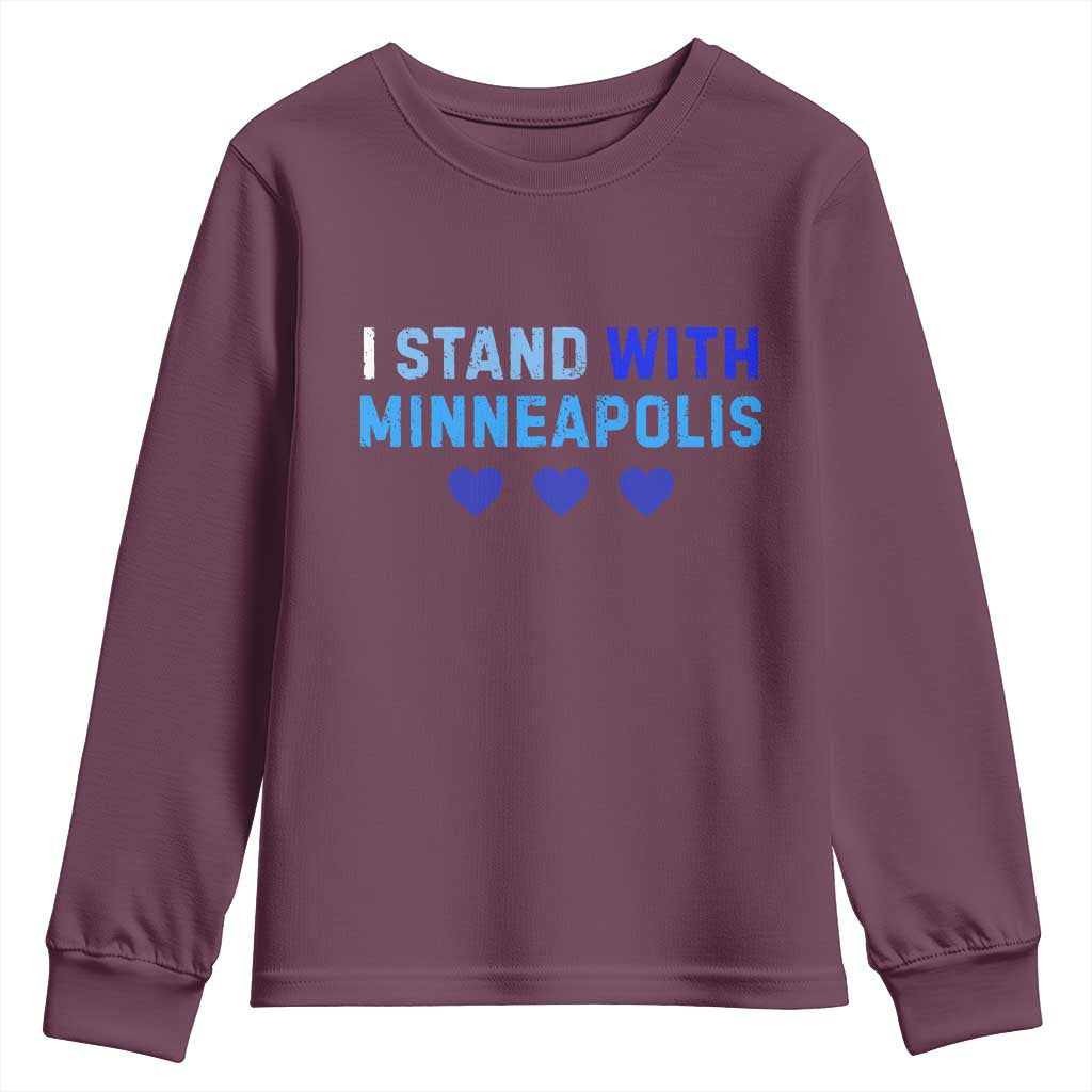 I Stand With Minneapolis Youth Sweatshirt Blue Heart Solidarity Support Minnesota Strong TS02 Maroon Print Your Wear
