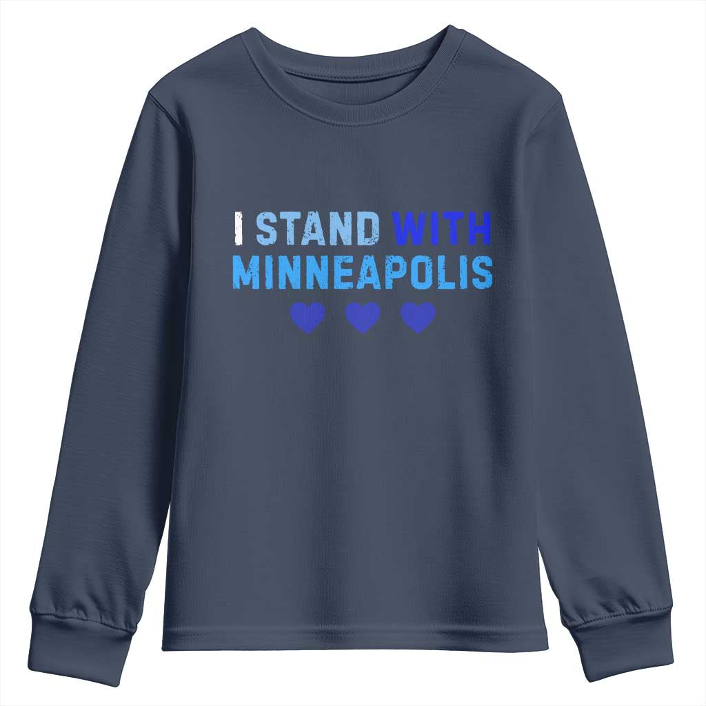 I Stand With Minneapolis Youth Sweatshirt Blue Heart Solidarity Support Minnesota Strong TS02 Navy Print Your Wear