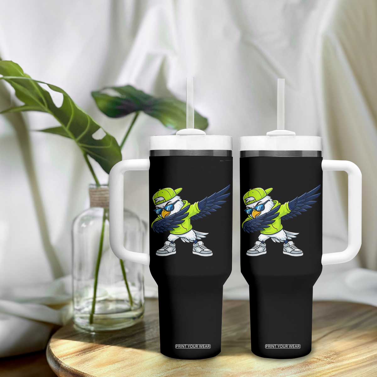 Cool Dabbing Hawk Sports Graphic Tumbler With Handle Neon Green Game Day Fan