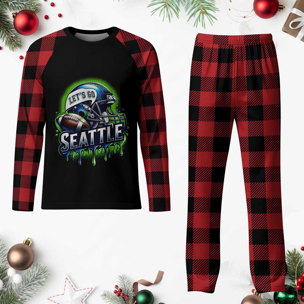 Lets Go Seattle Athletic Helmet Dripping Style Graphic Plaid Pajama Set Game Day Sports Fan TS02 Buffalo Plaid Print Your Wear
