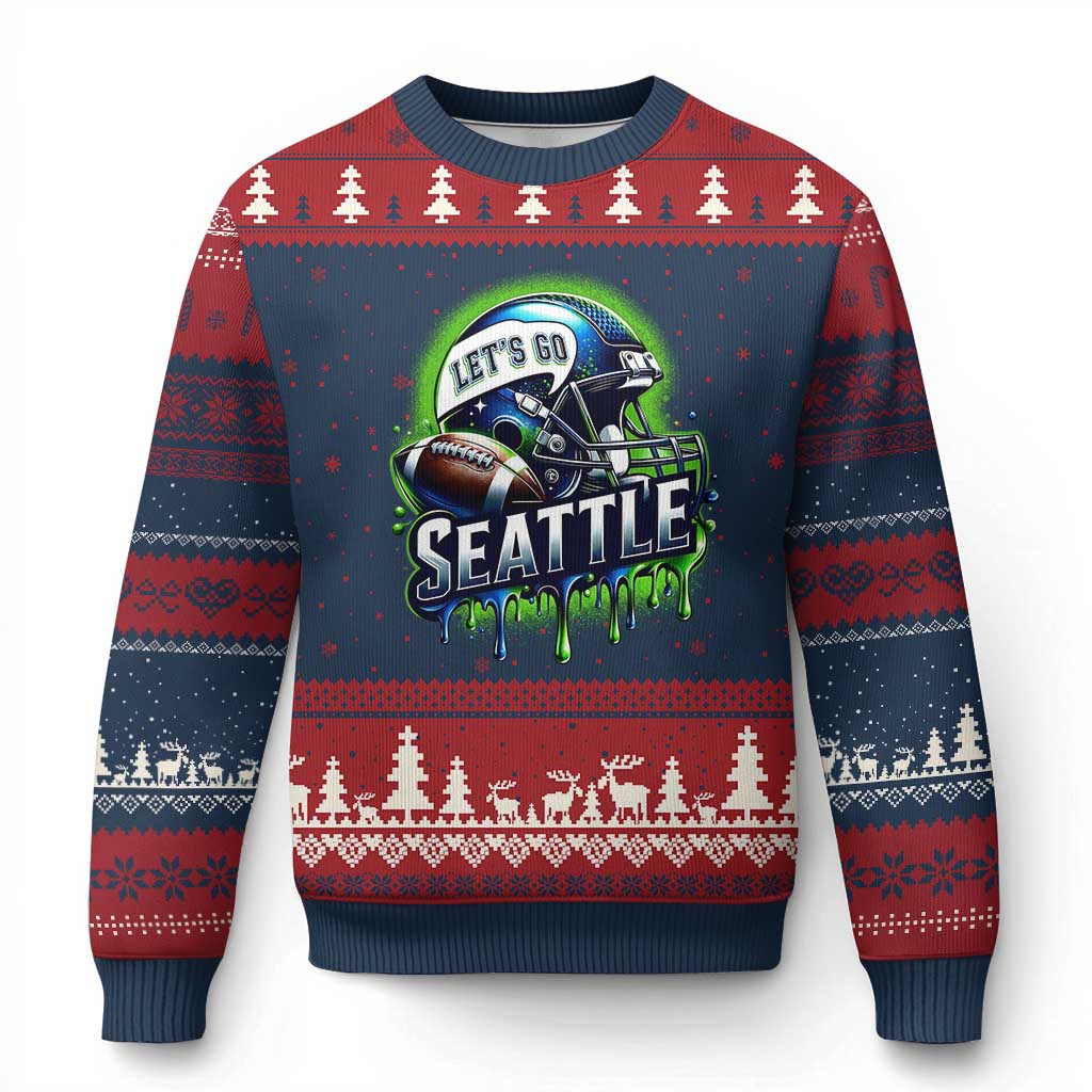 Lets Go Seattle Athletic Helmet Dripping Style Graphic Ugly Christmas Sweater Game Day Sports Fan