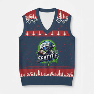 Lets Go Seattle Athletic Helmet Dripping Style Graphic V-Neck Knit Sweater Vest Game Day Sports Fan