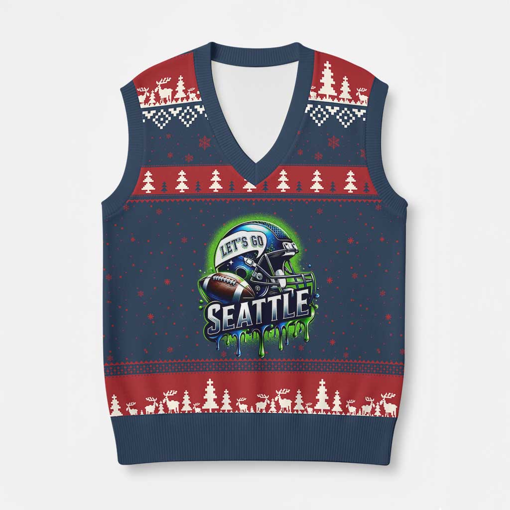 Lets Go Seattle Athletic Helmet Dripping Style Graphic V-Neck Knit Sweater Vest Game Day Sports Fan TS02 Navy Red Print Your Wear