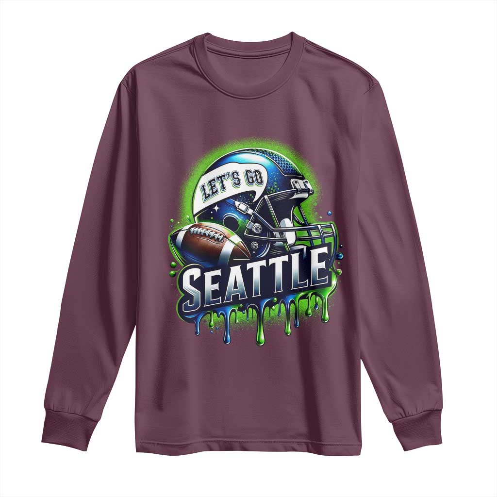 Lets Go Seattle Athletic Helmet Dripping Style Graphic Long Sleeve Shirt Game Day Sports Fan