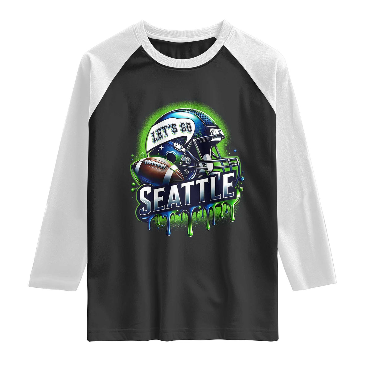 Lets Go Seattle Athletic Helmet Dripping Style Graphic Raglan Shirt Game Day Sports Fan