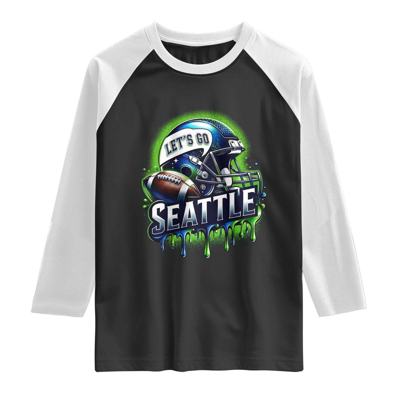 Lets Go Seattle Athletic Helmet Dripping Style Graphic Raglan Shirt Game Day Sports Fan TS02 Black White Print Your Wear