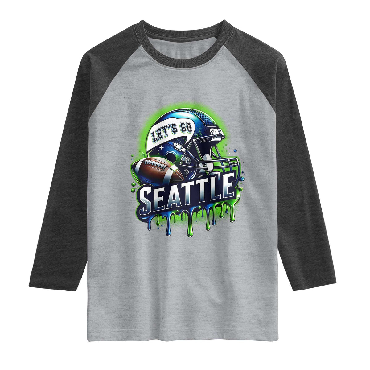 Lets Go Seattle Athletic Helmet Dripping Style Graphic Raglan Shirt Game Day Sports Fan
