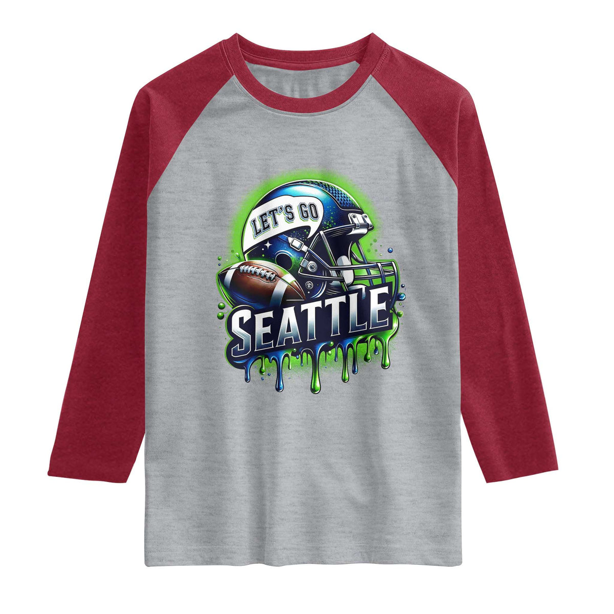 Lets Go Seattle Athletic Helmet Dripping Style Graphic Raglan Shirt Game Day Sports Fan