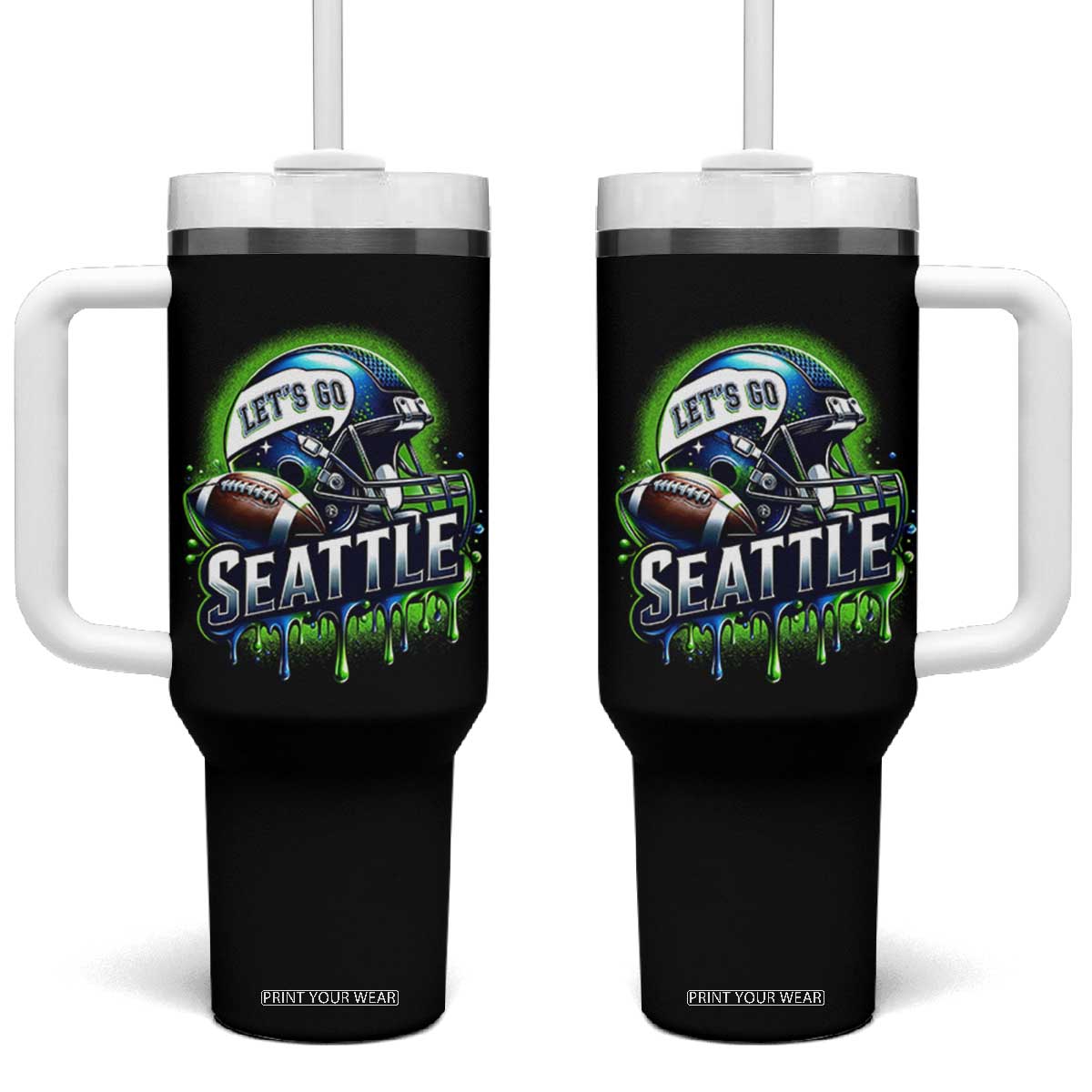 Lets Go Seattle Athletic Helmet Dripping Style Graphic Tumbler With Handle Game Day Sports Fan