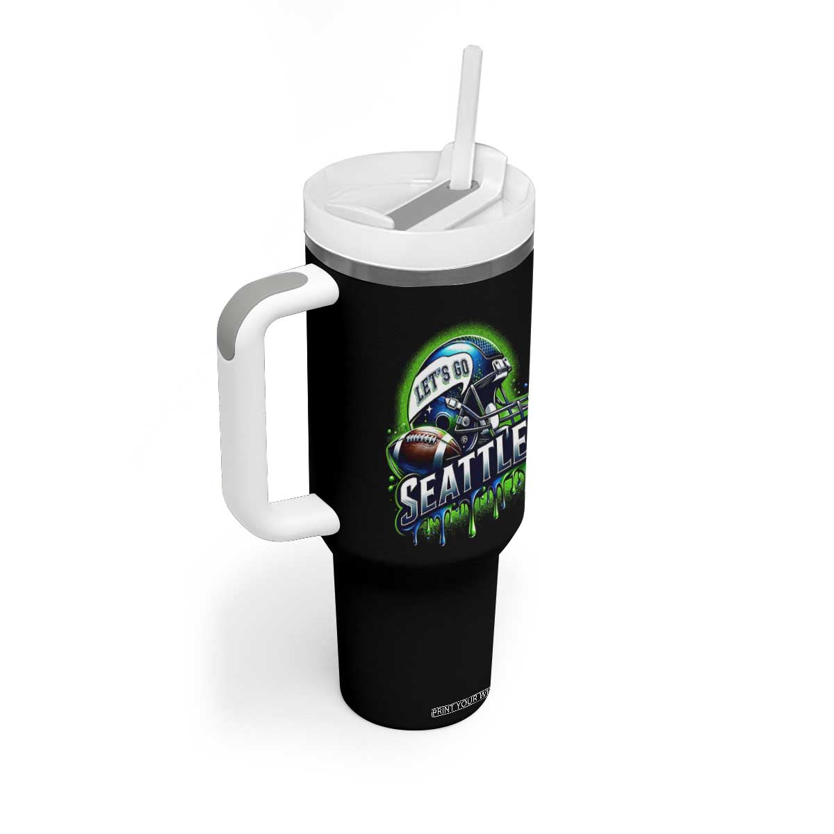 Lets Go Seattle Athletic Helmet Dripping Style Graphic Tumbler With Handle Game Day Sports Fan