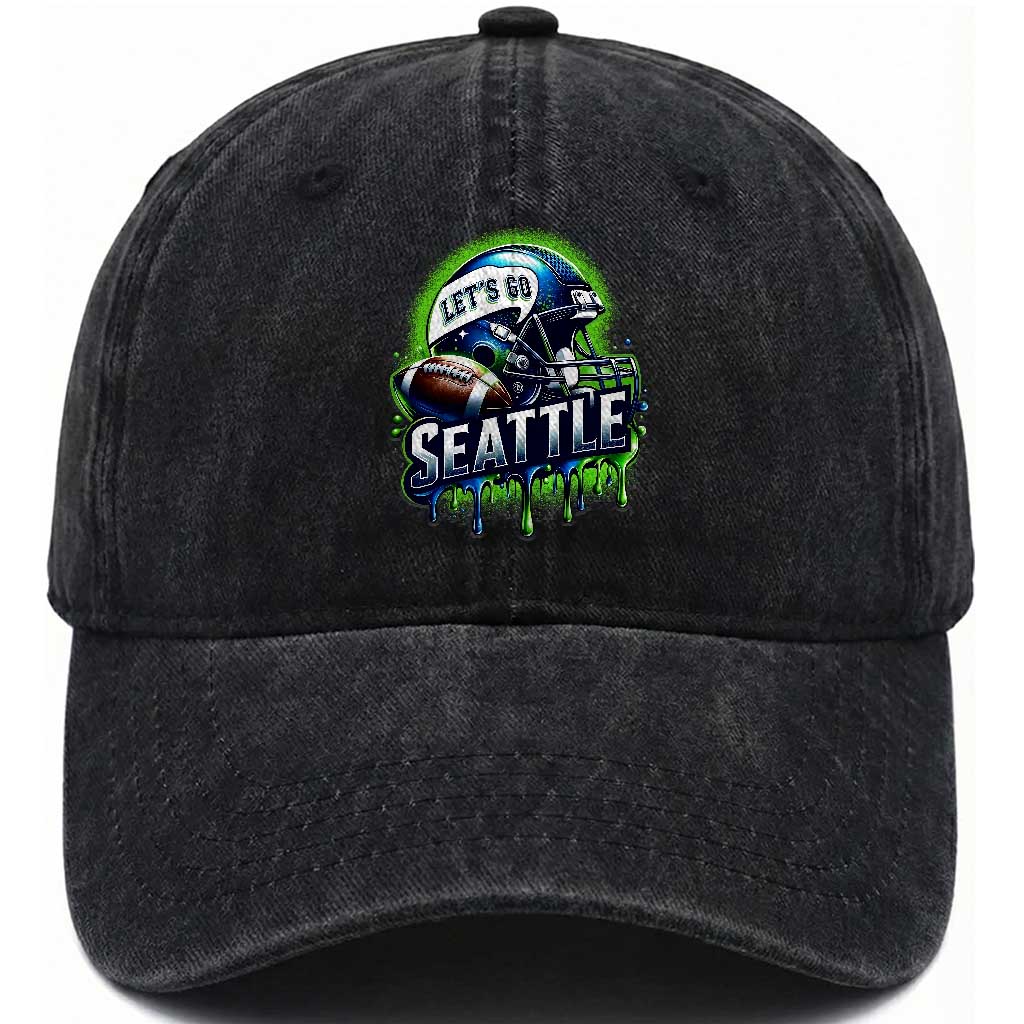 Lets Go Seattle Athletic Helmet Dripping Style Graphic Washed Cotton Baseball Cap Game Day Sports Fan TS02 Print Your Wear