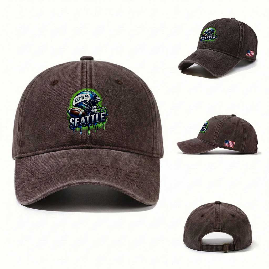 Lets Go Seattle Athletic Helmet Dripping Style Graphic Washed Cotton Baseball Cap Game Day Sports Fan