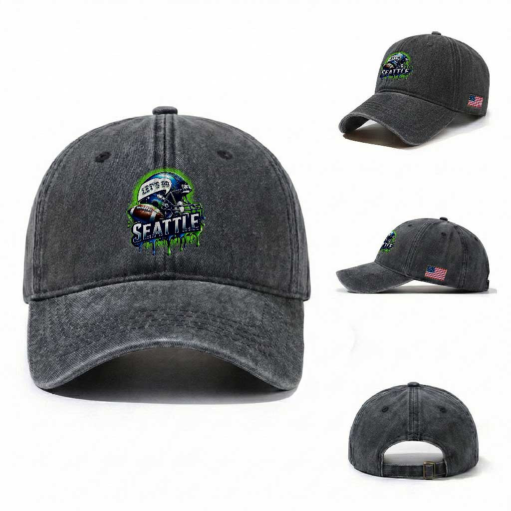 Lets Go Seattle Athletic Helmet Dripping Style Graphic Washed Cotton Baseball Cap Game Day Sports Fan