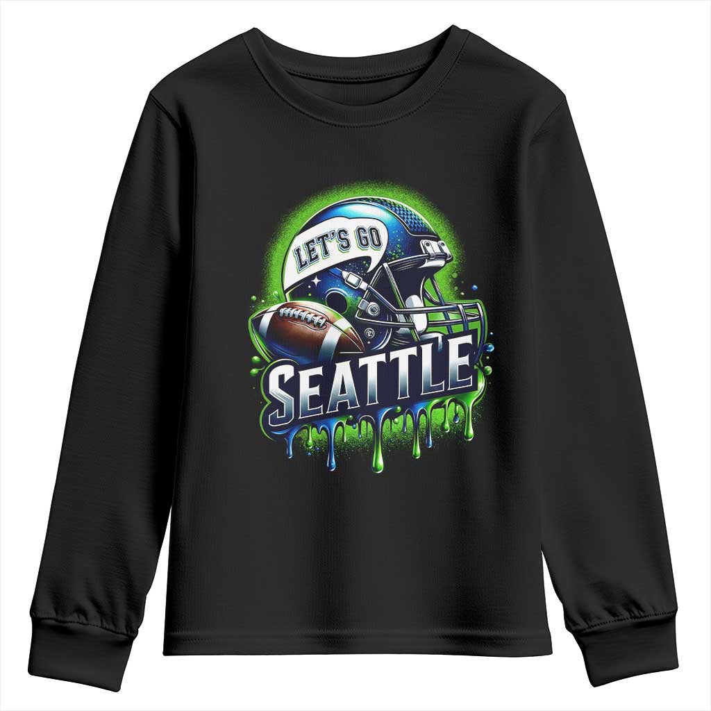 Lets Go Seattle Athletic Helmet Dripping Style Graphic Youth Sweatshirt Game Day Sports Fan TS02 Black Print Your Wear