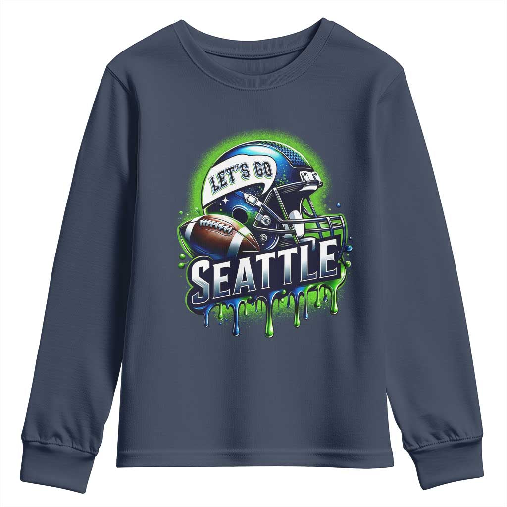 Lets Go Seattle Athletic Helmet Dripping Style Graphic Youth Sweatshirt Game Day Sports Fan