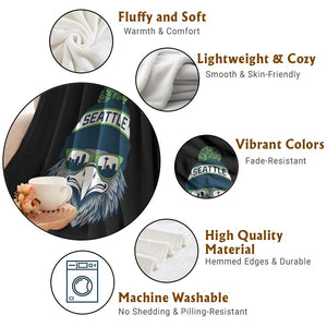 Cool Hawk with Beanie Sunglasses Sports Graphic Throw Blanket Seattle City Skyline Pride Game Day Sports Fan