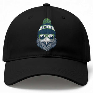 Cool Hawk with Beanie Sunglasses Sports Graphic Baseball Cap Seattle City Skyline Pride Game Day Sports Fan