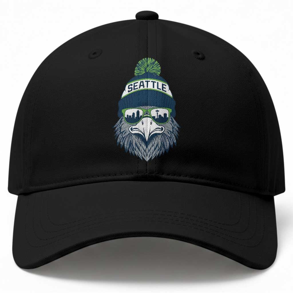 Cool Hawk with Beanie Sunglasses Sports Graphic Baseball Cap Seattle City Skyline Pride Game Day Sports Fan TS02 Print Your Wear