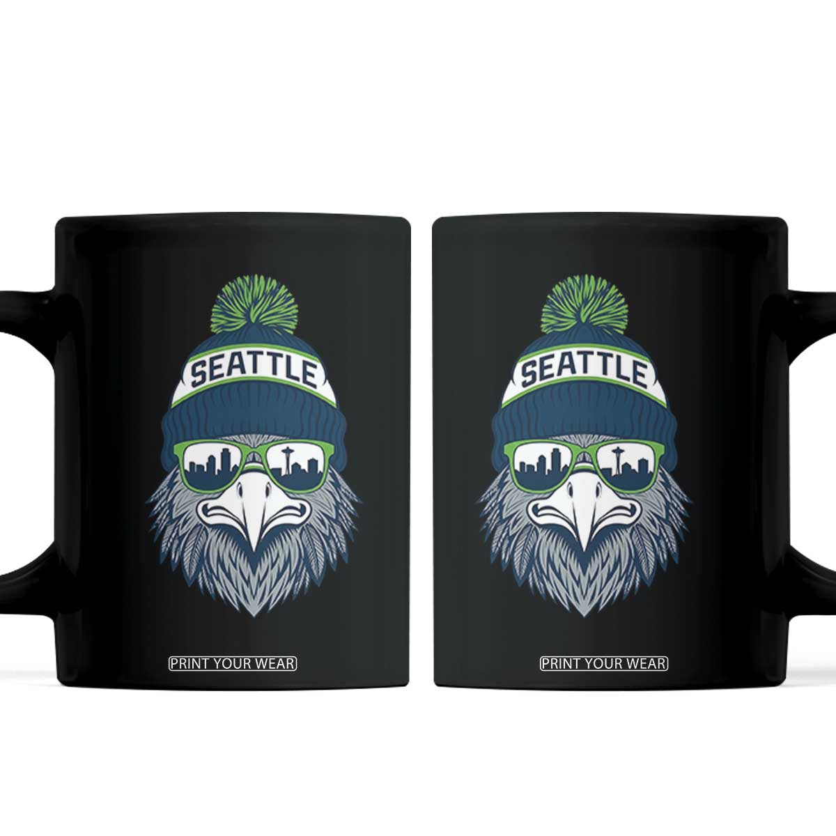 Cool Hawk with Beanie Sunglasses Sports Graphic Coffee Mug Seattle City Skyline Pride Game Day Sports Fan TS02 Black Print Your Wear