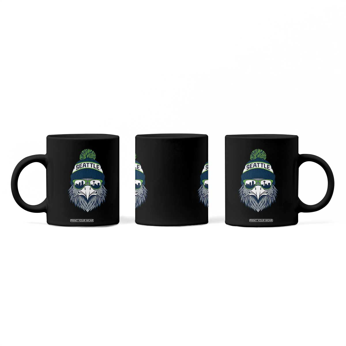 Cool Hawk with Beanie Sunglasses Sports Graphic Coffee Mug Seattle City Skyline Pride Game Day Sports Fan