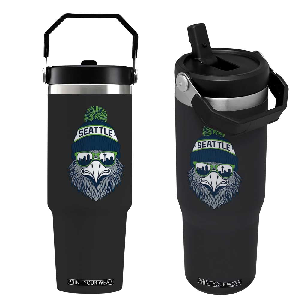 Cool Hawk with Beanie Sunglasses Sports Graphic Flip Straw Tumbler Seattle City Skyline Pride Game Day Sports Fan TS02 One Size: 30 oz Black Print Your Wear