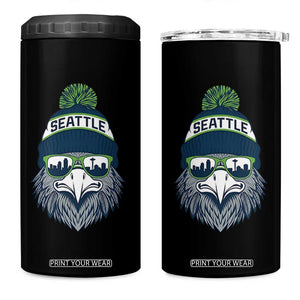 Cool Hawk with Beanie Sunglasses Sports Graphic 4 in 1 Can Cooler Tumbler Seattle City Skyline Pride Game Day Sports Fan