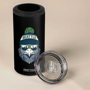 Cool Hawk with Beanie Sunglasses Sports Graphic 4 in 1 Can Cooler Tumbler Seattle City Skyline Pride Game Day Sports Fan