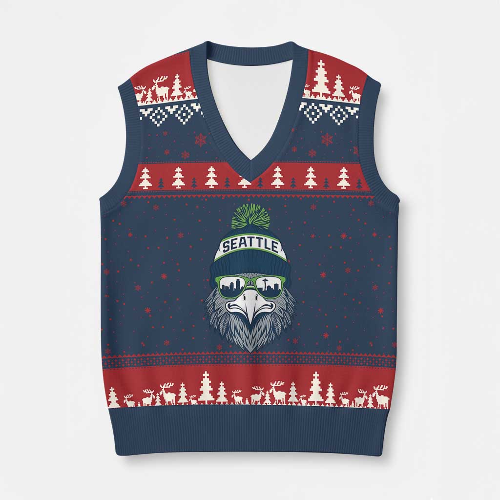 Cool Hawk with Beanie Sunglasses Sports Graphic V-Neck Knit Sweater Vest Seattle City Skyline Pride Game Day Sports Fan TS02 Navy Red Print Your Wear