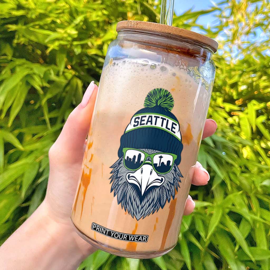 Cool Hawk with Beanie Sunglasses Sports Graphic Glass Can Seattle City Skyline Pride Game Day Sports Fan TS02 Black Print Your Wear