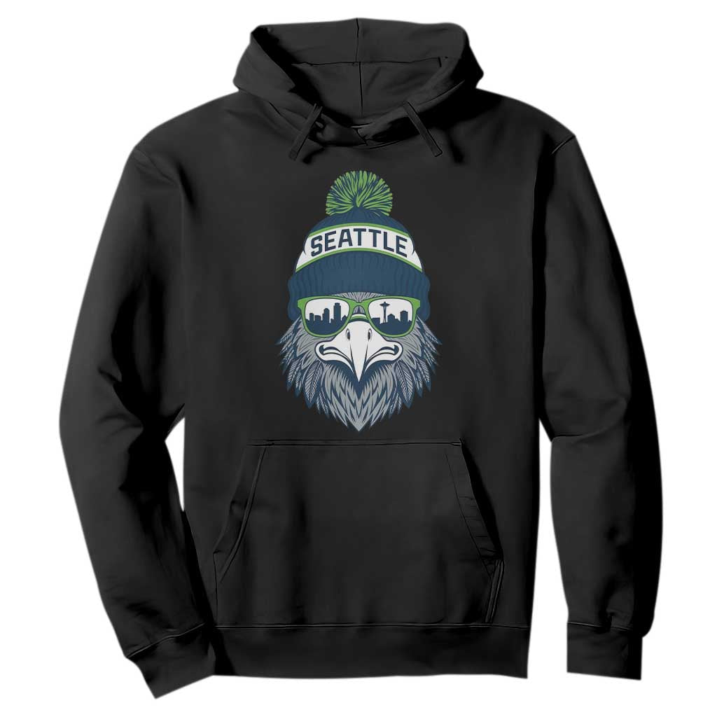 Cool Hawk with Beanie Sunglasses Sports Graphic Hoodie Seattle City Skyline Pride Game Day Sports Fan TS02 Black Print Your Wear