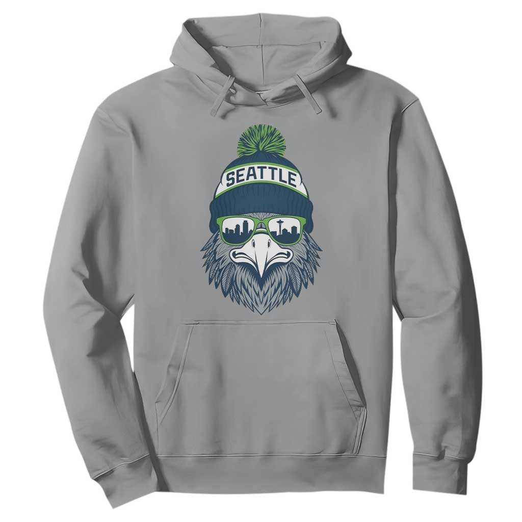 Cool Hawk with Beanie Sunglasses Sports Graphic Hoodie Seattle City Skyline Pride Game Day Sports Fan