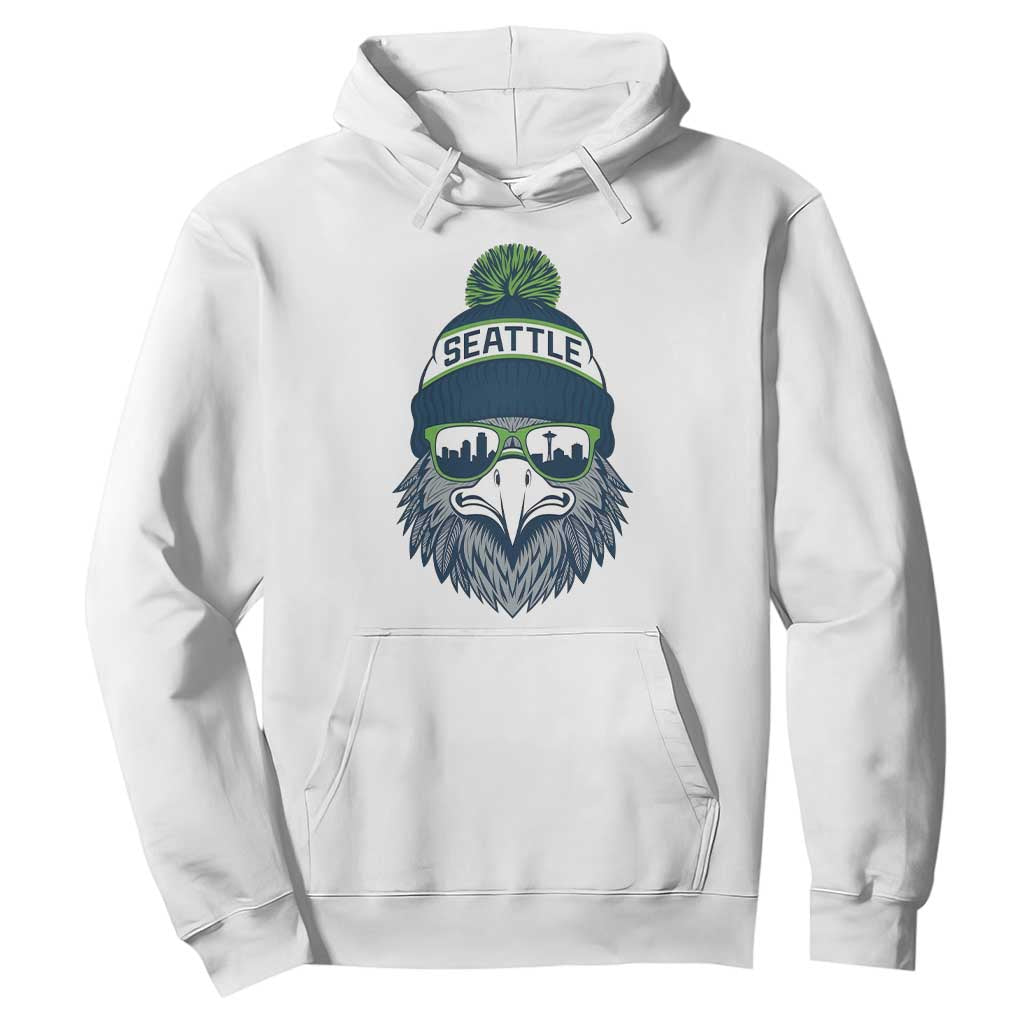 Cool Hawk with Beanie Sunglasses Sports Graphic Hoodie Seattle City Skyline Pride Game Day Sports Fan