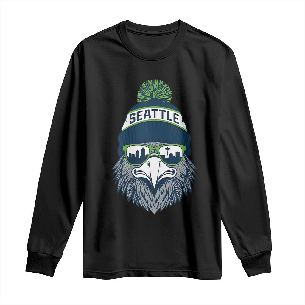 Cool Hawk with Beanie Sunglasses Sports Graphic Long Sleeve Shirt Seattle City Skyline Pride Game Day Sports Fan TS02 Black Print Your Wear