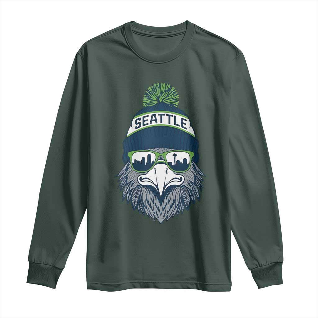 Cool Hawk with Beanie Sunglasses Sports Graphic Long Sleeve Shirt Seattle City Skyline Pride Game Day Sports Fan