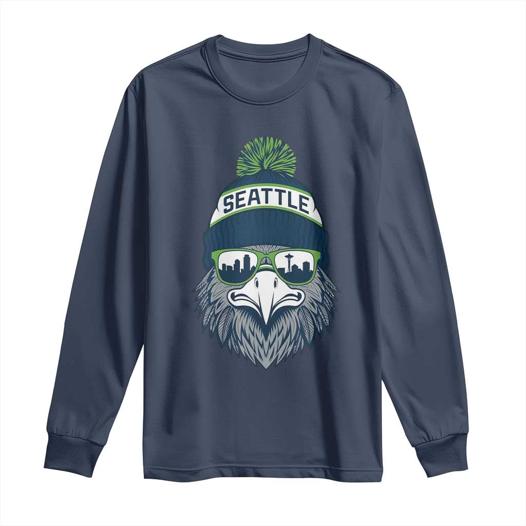 Cool Hawk with Beanie Sunglasses Sports Graphic Long Sleeve Shirt Seattle City Skyline Pride Game Day Sports Fan