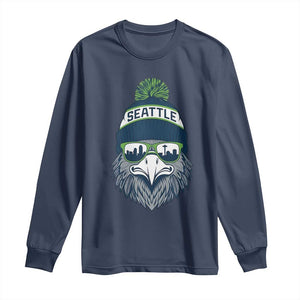 Cool Hawk with Beanie Sunglasses Sports Graphic Long Sleeve Shirt Seattle City Skyline Pride Game Day Sports Fan