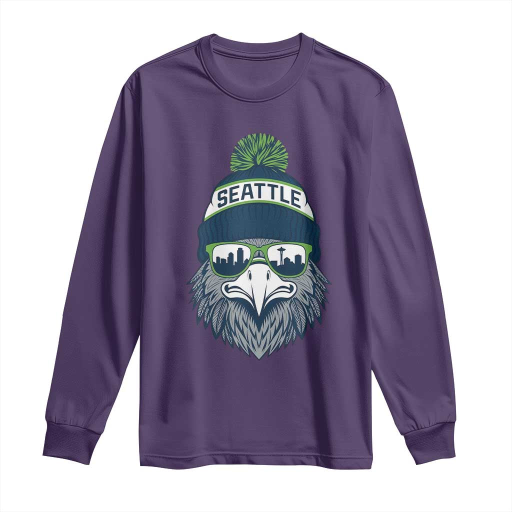 Cool Hawk with Beanie Sunglasses Sports Graphic Long Sleeve Shirt Seattle City Skyline Pride Game Day Sports Fan