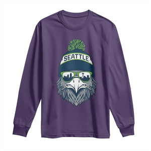 Cool Hawk with Beanie Sunglasses Sports Graphic Long Sleeve Shirt Seattle City Skyline Pride Game Day Sports Fan