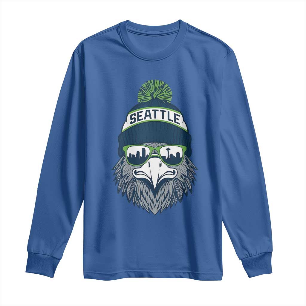 Cool Hawk with Beanie Sunglasses Sports Graphic Long Sleeve Shirt Seattle City Skyline Pride Game Day Sports Fan