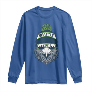 Cool Hawk with Beanie Sunglasses Sports Graphic Long Sleeve Shirt Seattle City Skyline Pride Game Day Sports Fan