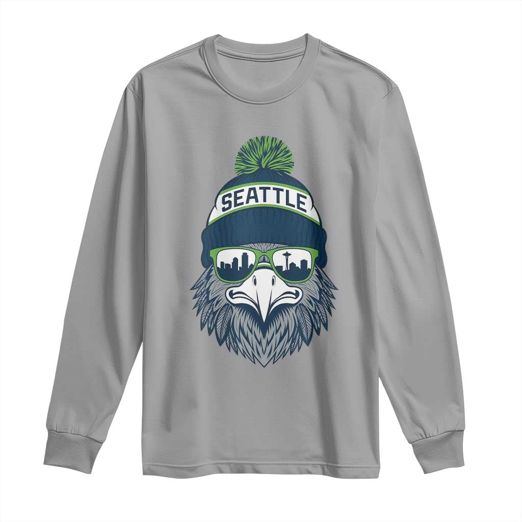 Cool Hawk with Beanie Sunglasses Sports Graphic Long Sleeve Shirt Seattle City Skyline Pride Game Day Sports Fan