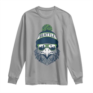 Cool Hawk with Beanie Sunglasses Sports Graphic Long Sleeve Shirt Seattle City Skyline Pride Game Day Sports Fan