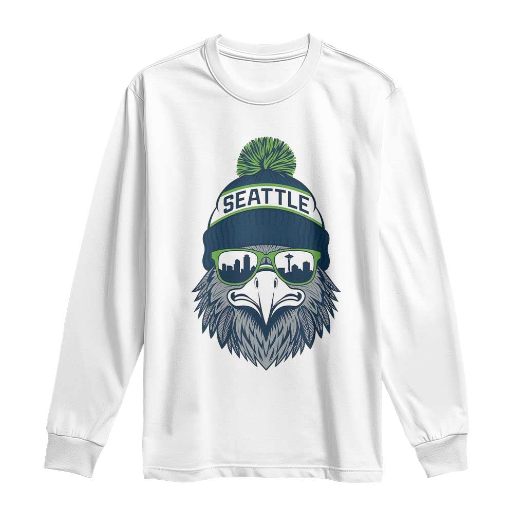 Cool Hawk with Beanie Sunglasses Sports Graphic Long Sleeve Shirt Seattle City Skyline Pride Game Day Sports Fan