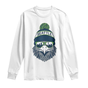 Cool Hawk with Beanie Sunglasses Sports Graphic Long Sleeve Shirt Seattle City Skyline Pride Game Day Sports Fan