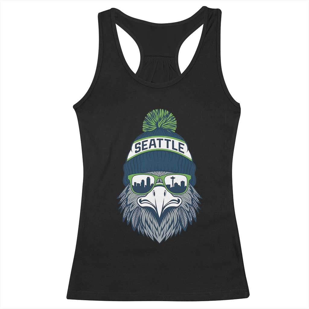 Cool Hawk with Beanie Sunglasses Sports Graphic Racerback Tank Top Seattle City Skyline Pride Game Day Sports Fan TS02 Black Print Your Wear