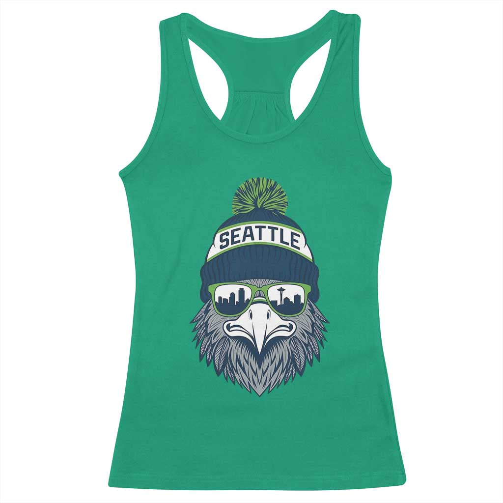 Cool Hawk with Beanie Sunglasses Sports Graphic Racerback Tank Top Seattle City Skyline Pride Game Day Sports Fan